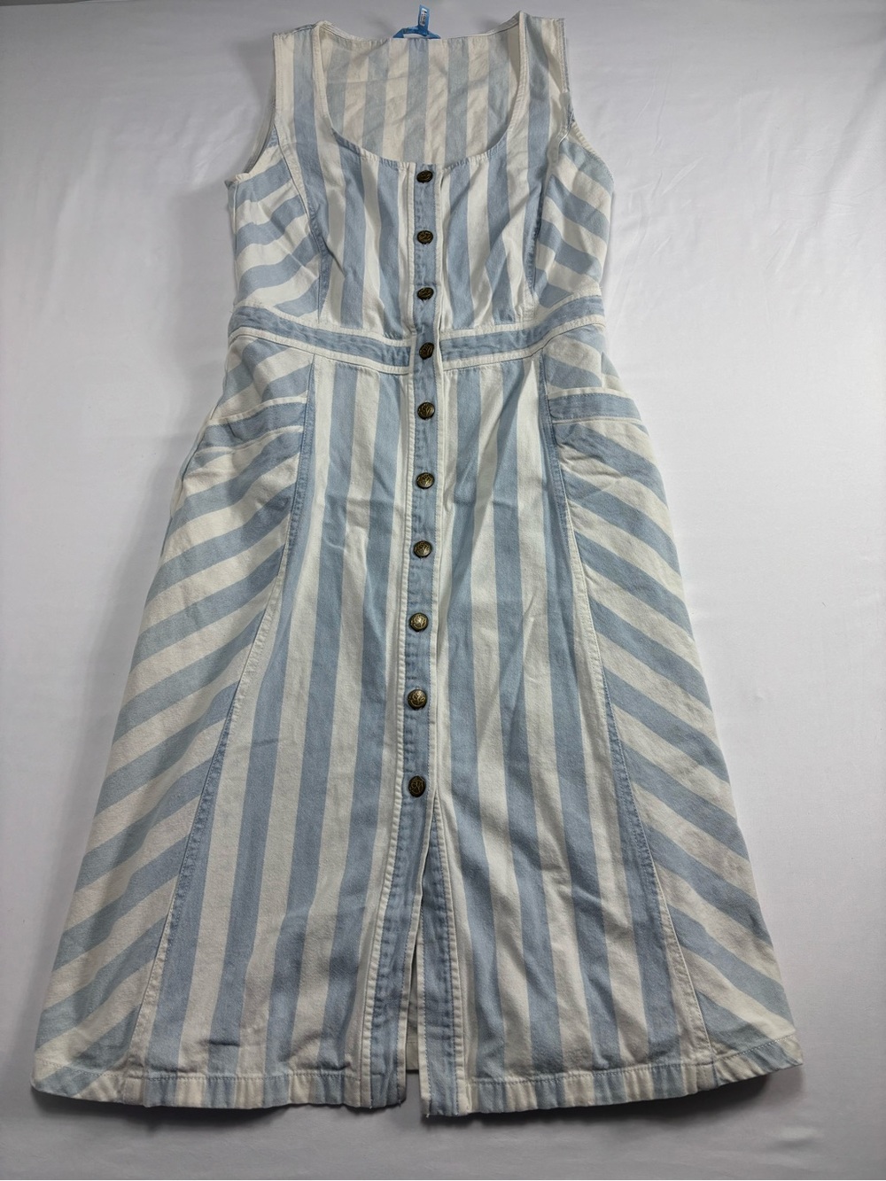 Striped Button-Front Sleeveless Dress in Light Blue & White